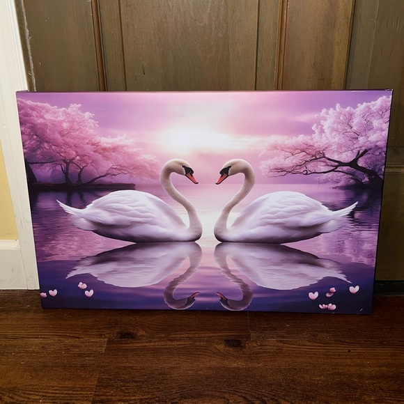 Love Swans Cherry Blossom Pink & Purple Canvas Print Wall Decor - Picture 2 of 8